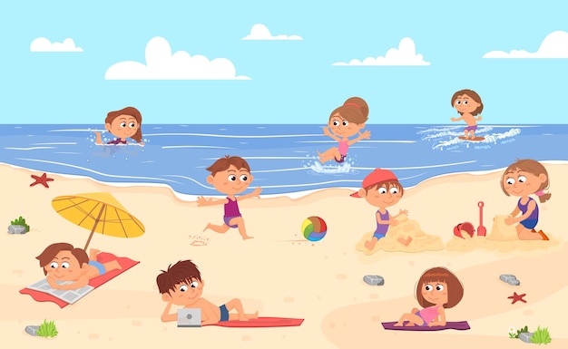 Kids beach vacations Children playing sea activity in sand Cartoon fun child summer resort and vacations Happy ocean camp decent vector illustration