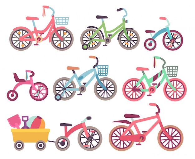 Insieme di vettore di biciclette per bambini. collezione di biciclette per bambini