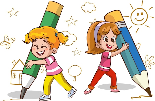 kids big pencil drawing vector illustration