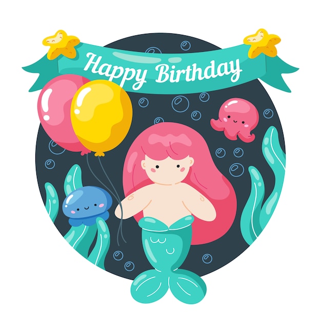 小さな人魚と海洋生物の子供の誕生日カード