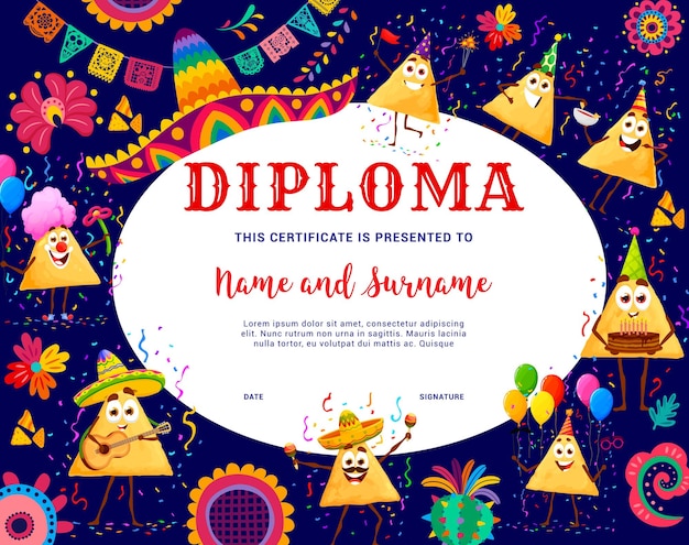 Kids birthday diploma mexican nachos chips vector