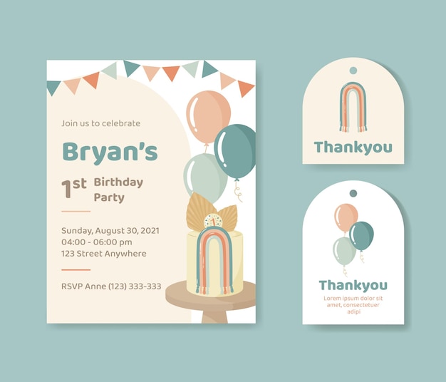 Kids birthday invitation boho style simple aesthetic pastel blue colors with cakes and balloon