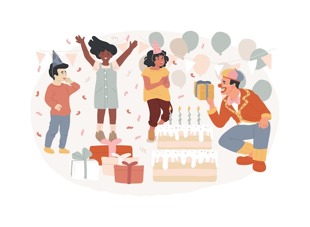 kids birthday isolated concept vector illustration kids birthday party party ideas indoor spot having fun children celebration clown on playground parent rest confetti vector concept