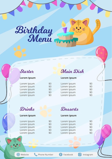 Вектор Детский шаблон меню дня рождения с милым дизайном