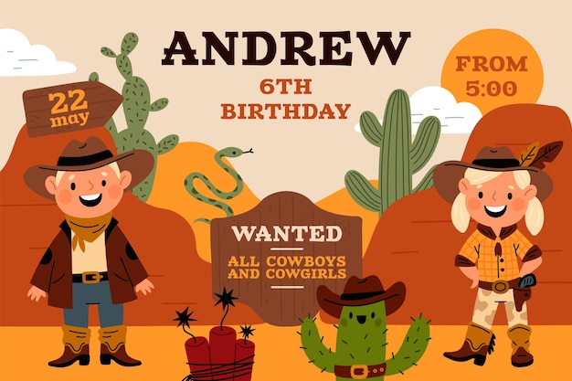 Festa di compleanno per bambini poster di cowboy invito di vacanza infantile ragazzo o ragazza in costumi occidentali elemento dell'ovest selvaggio design di striscione di anniversario paesaggio del deserto concetto vettoriale garbi