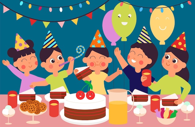 Festa di compleanno per bambini bambini felici e carini che mangiano dolci personaggi dei cartoni animati seduti al tavolo pranzo festivo o cena concetto vettoriale decente