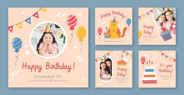 Vector kids birthday party instagram posts collection