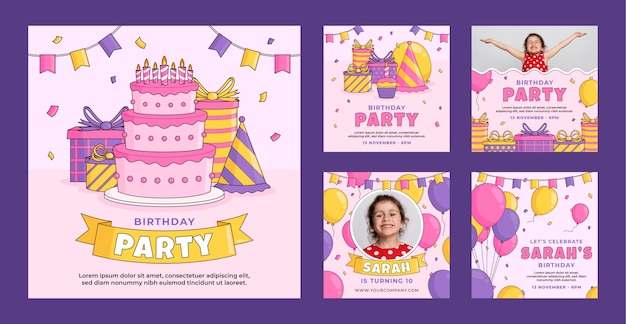 Vector kids birthday party instagram posts collection