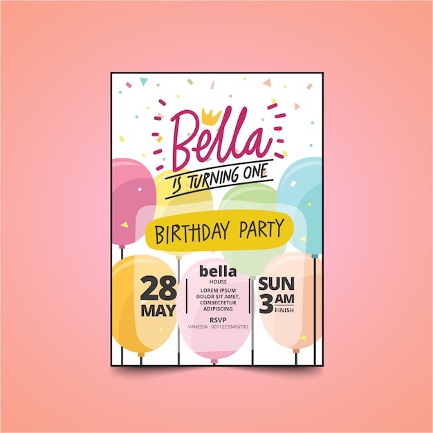 Carta di invito di festa di compleanno di bambini con un design carino. tema del palloncino