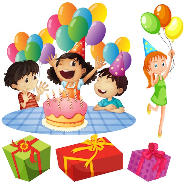 Vector kids at birthday party with balloons and presents