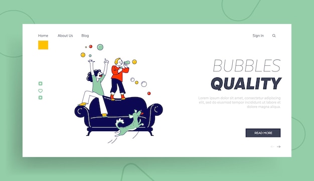 Kids blow soap bubbles landing page template.