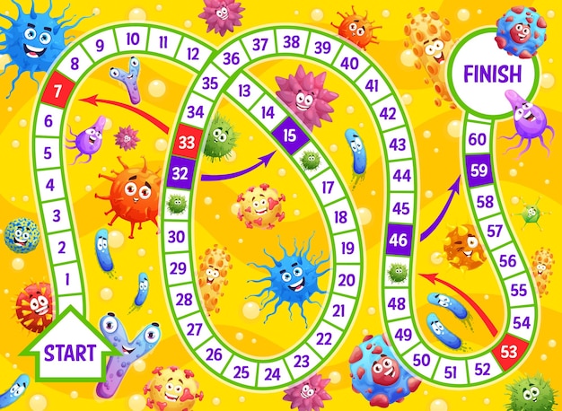 Kids board game cartoon viruses and microbe cells vector start and finish tabletop Kids riddle or puzzle game with labyrinth escape for funny viruses and bacteria infections or germs