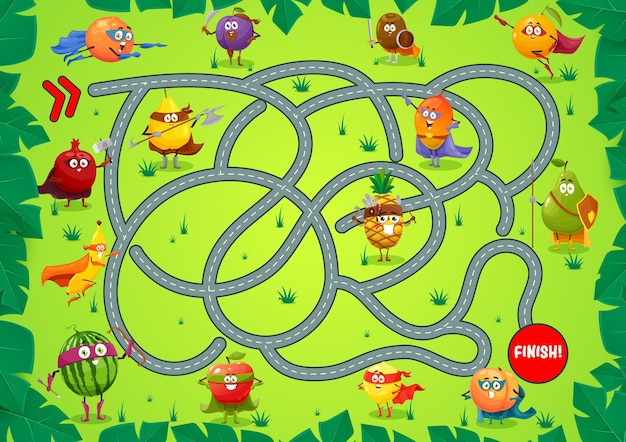 Kids board game template, find right way boardgame with tangled path, start, finish and cartoon fruits