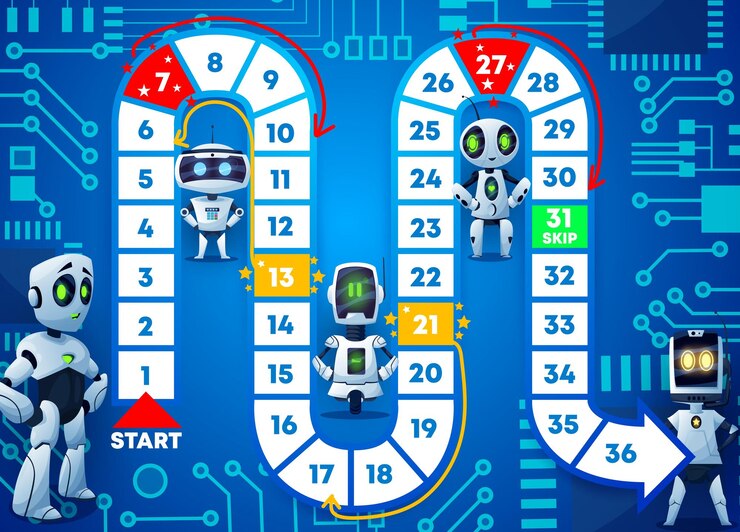 Vector kids board game template with funny cartoon robots