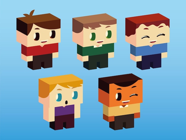 Kids, boys little characters standing, isometric style vector illustration