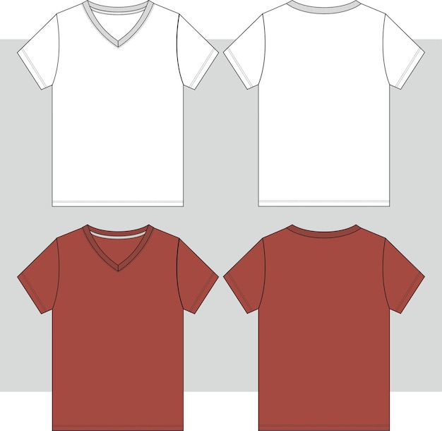 Kids Boys V Neck T Shirt Flat sketch Front and Back