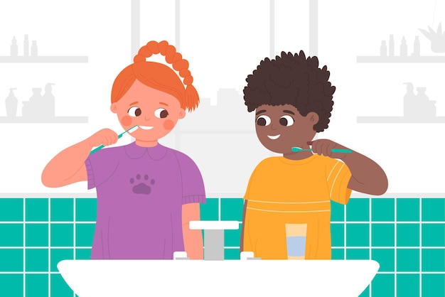 Vector kids brushing teeth in home bathroom with sink child morning healthy hygiene routine