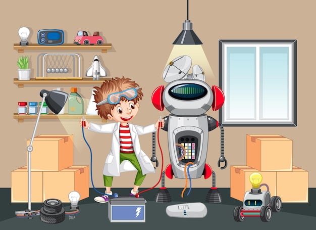 部屋のシーンで一緒にロボットを構築する子供たち