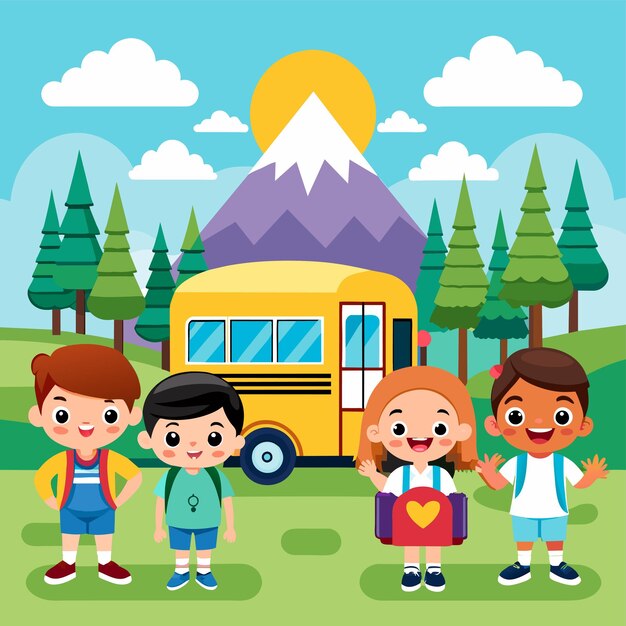 Vector kids bus going to school hand drawn flat stylish cartoon sticker icon concept isolated illustration