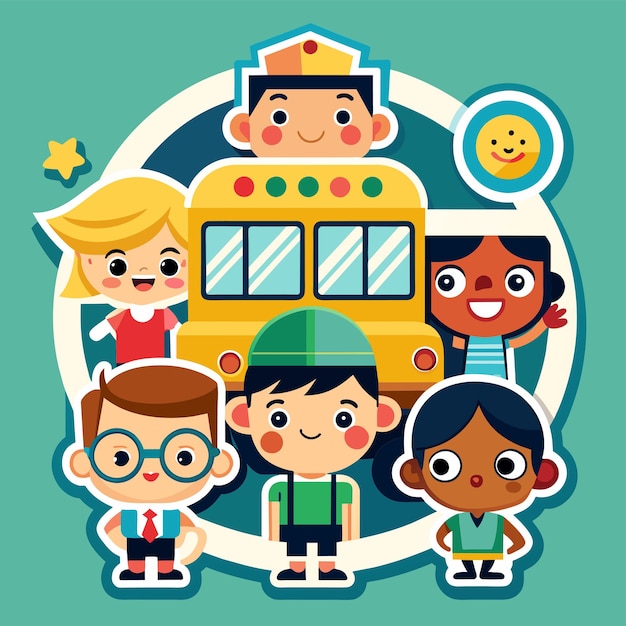 Детский автобус, едущий в школу, нарисованный вручную плоским стильным мультфильмом с наклейкой иконой концепции изолированной иллюстрации
