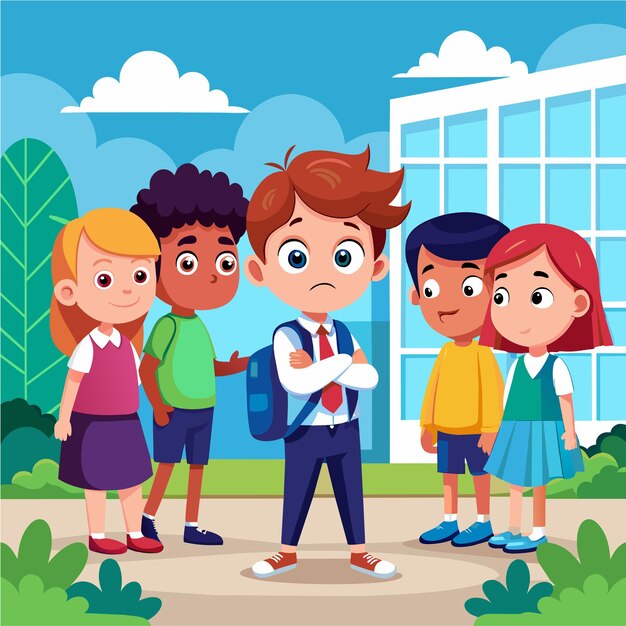 Vettore autobus per bambini che vanno a scuola disegnato a mano piatto elegante adesivo a cartone animato icona concetto illustrazione isolata