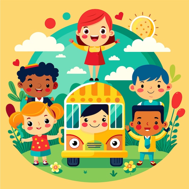 学校に行く子供たちのバス 手描きの平らなスタイリッシュな漫画のステッカー アイコンコンセプト 孤立したイラスト