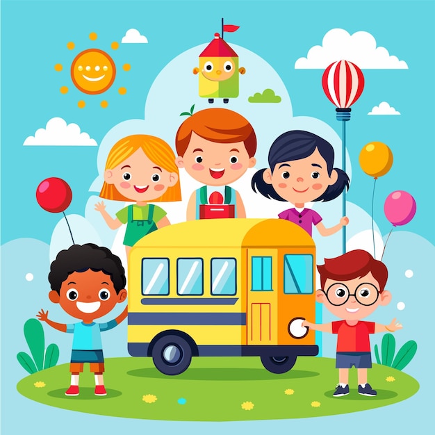 学校に行く子供たちのバス 手描きの平らなスタイリッシュな漫画のステッカー アイコンコンセプト 孤立したイラスト