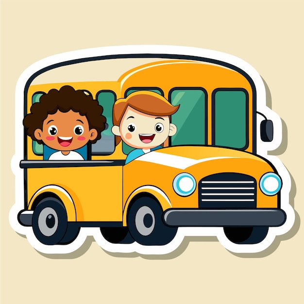 Vettore autobus per bambini che vanno a scuola disegnato a mano piatto elegante adesivo a cartone animato icona concetto illustrazione isolata