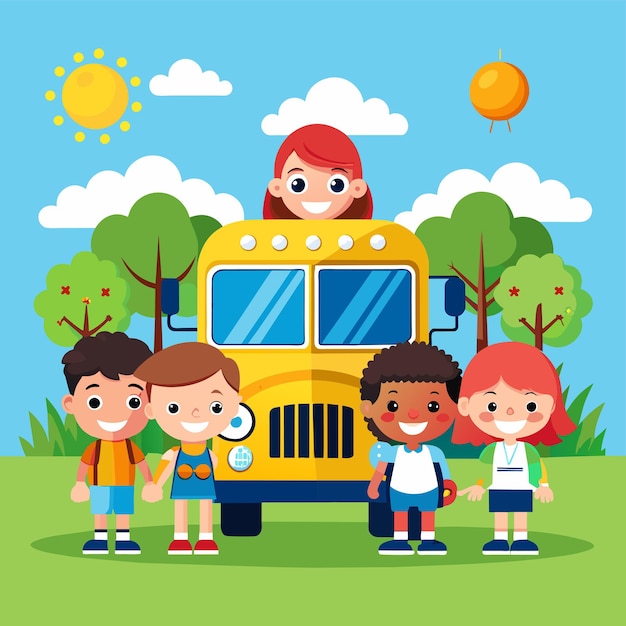 ベクトル 学校に行く子供たちのバス 手描きの平らなスタイリッシュな漫画のステッカー アイコンコンセプト 孤立したイラスト