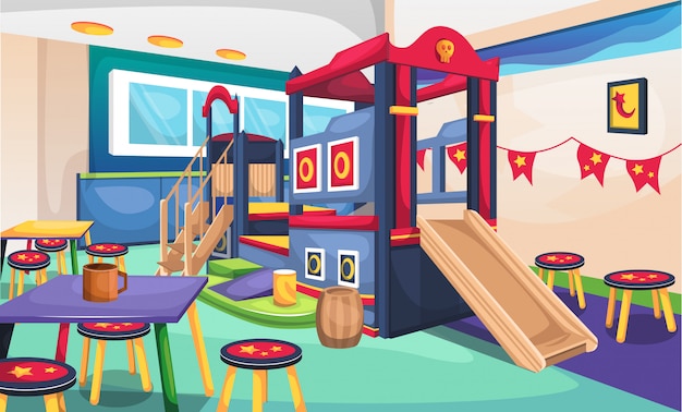 Vettore concetto del ristorante del caffè dei bambini con mini playground pirate