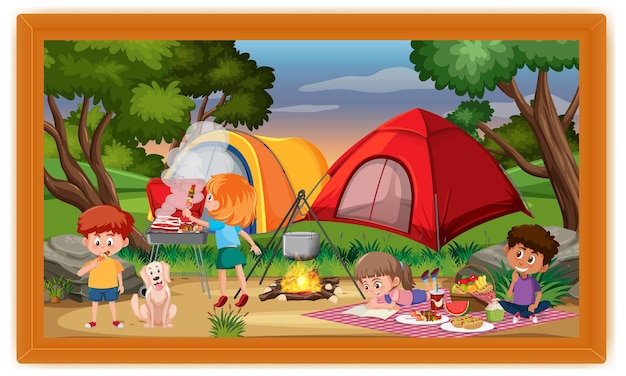 Vector kids camping outdoor scene photo in a frame