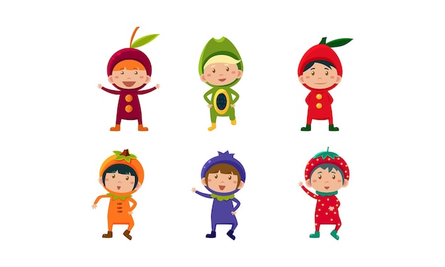 Kids in carnival clothes set cute little boys and girls wearing fruits and berriess costumes cherry orange blueberry strawberry papaya vector Illustration isolated on a white background