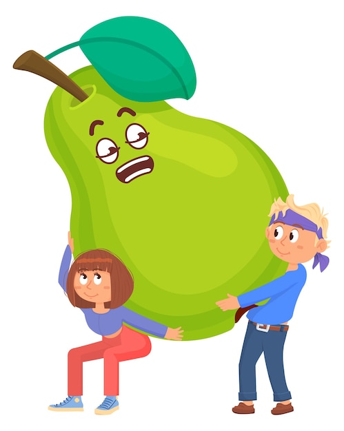 Vector kids carrying big pear funny fruit game