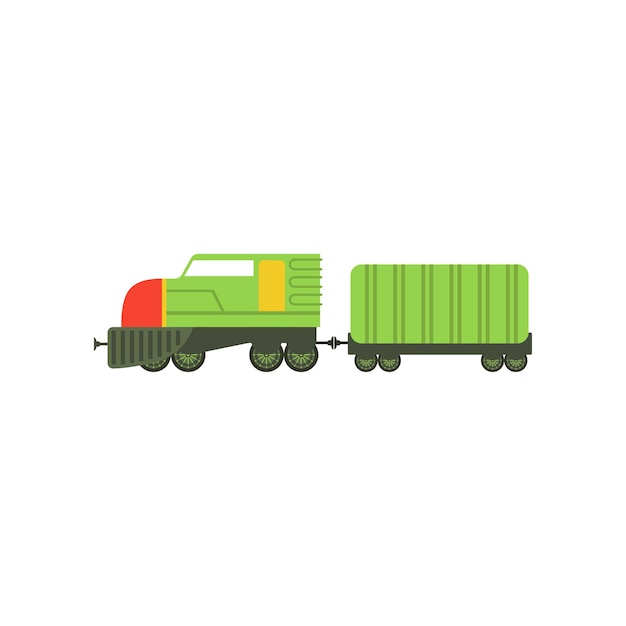 Kids cartoon green toy cargo train railroad toy with locomotive vector Illustration isolated on a white background