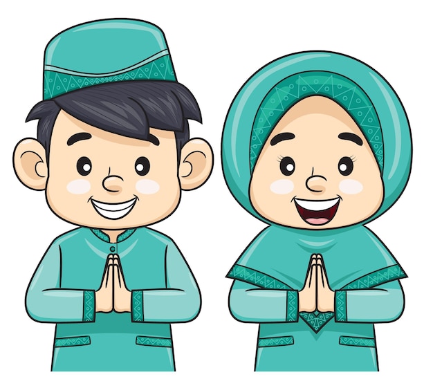 Kids cartoon happy ied mubarak a couple of muslim people greeting vector art illustration