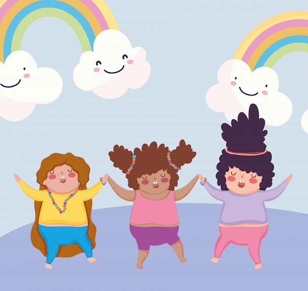 Детский мультфильм счастливые маленькие девочки радуги и облака иллюстрации