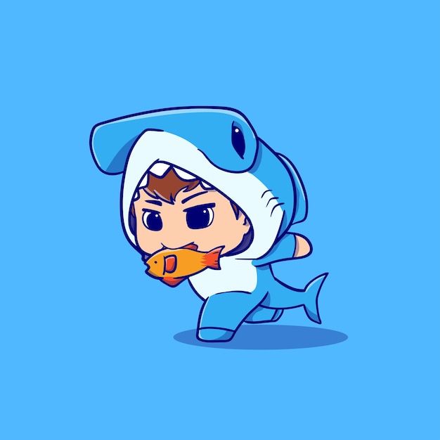 kids cartoon illustration with a costume Hammerhead shark running bite a fish