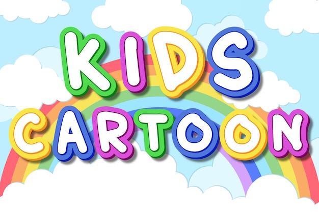 Kids cartoon rainbow cloud and blue sky papercut background editable text effect font style template