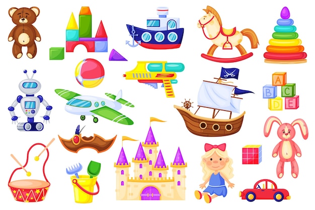 Вектор Детская мультяшная игрушка, милая кукла, плюшевый мишка, кролик, самолет, автомобиль, робот, барабан, кубики, блоки