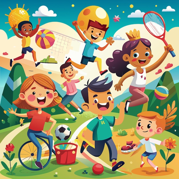 Vector kids celebrating athletics day flat vector illustration