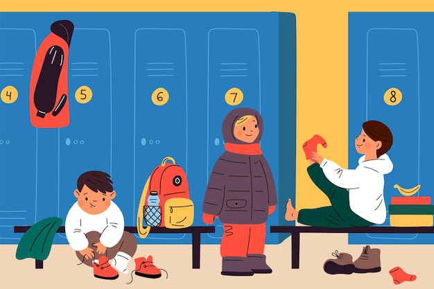 着替える子供たち 更衣室の子供たち 体育の準備をする小学生 靴下とブーツを履く男の子 暖かいコートを着る人々 派手なベクトルの概念