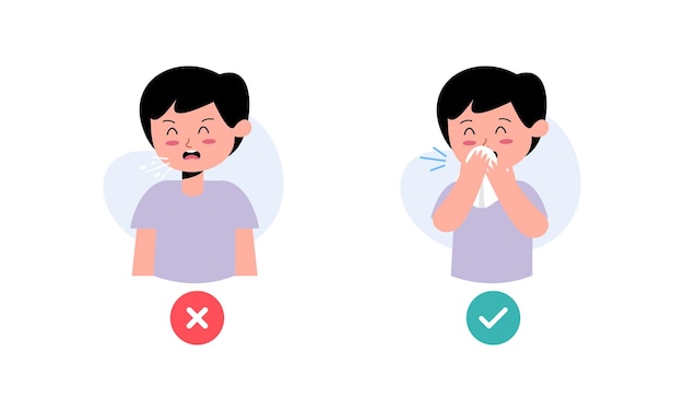 Детский персонаж заражается гриппом. дети кашляют и чихают правильно и неправильно.