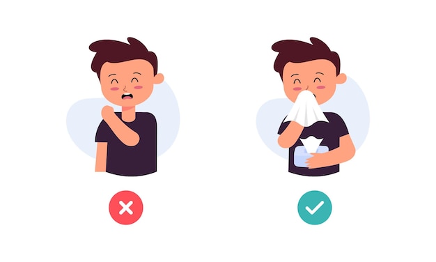 Kids character catching flu kids coughing and sneezing in right and wrong way illustration