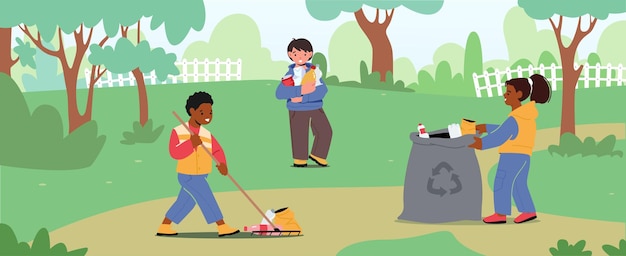 Vector kids characters collect litter into trash bag