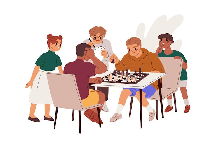 Vector kids, chess players during board tournament. children, smart boys and girls, opponents playing chessboard game, sitting at table at competition. flat vector illustration isolated on white background.