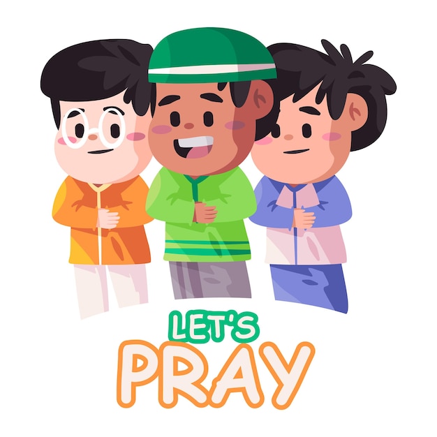 Kids children boys muslim Islam worship pray together lets pray colorful