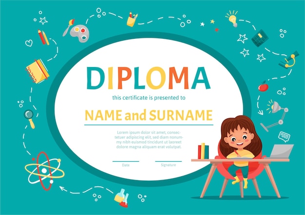 Kids or children diploma certificate for kindergarten or Elementary school with a cute girl making homework at table on background with hand-drawn elements.  cartoon illustration