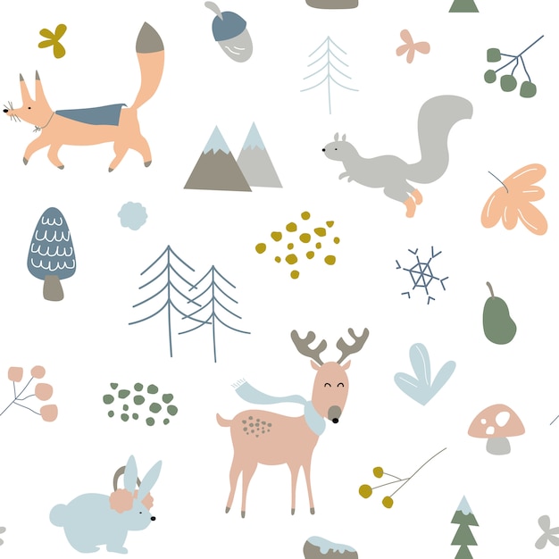 아이, 어린이 또는 유아 원활한 반복 패턴, 겨울 숲 동물 테마