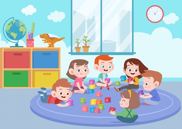 Vector kids children playing with blocks toys illustration