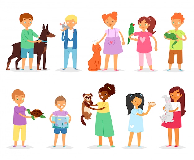 Vector kids children with pet  girls and boys playing with animal characters cat dog or puppy illustration set of person girl or boy with turtle or parrot  on white background